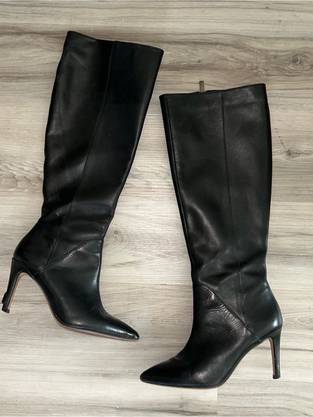 Black Leather Stiletto Knee High Boots Pointed Toe 90s Y2K Femme Fatale
